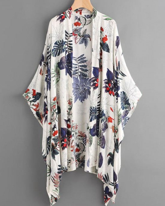 Women Summer Floral Print Loose Long Sleeve Irregular Hem Cardigans