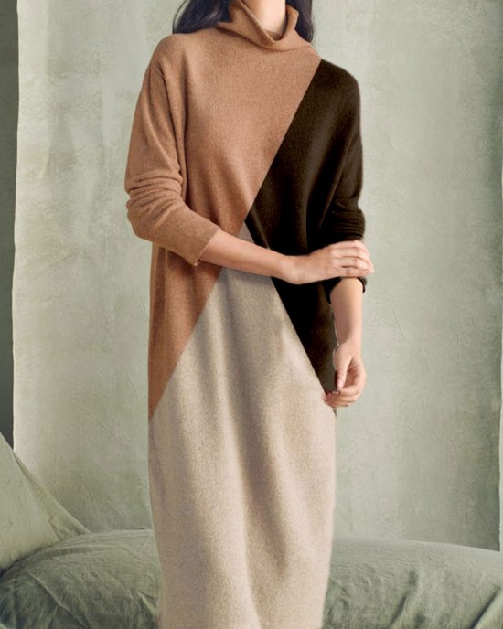 High neck contrasting color patchwork knitted long sleeved woolen dress HF3108-02-04