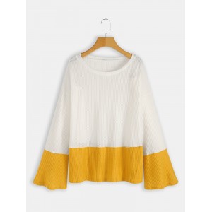 Plus Size Contrast Color One Shoulder Bell Sleeve Knit Sweaters