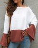 Plus Size Contrast Color One Shoulder Bell Sleeve Knit Sweaters