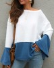 Plus Size Contrast Color One Shoulder Bell Sleeve Knit Sweaters