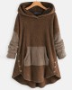 Women Contrast Color Splice Irregular Hem Hooded Fleece Sweatshirt Coats