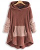 Women Contrast Color Splice Irregular Hem Hooded Fleece Sweatshirt Coats