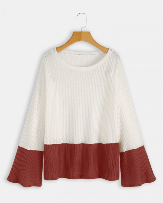 Plus Size Contrast Color One Shoulder Bell Sleeve Knit Sweaters