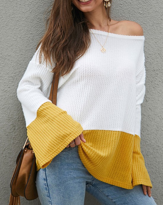 Plus Size Contrast Color One Shoulder Bell Sleeve Knit Sweaters