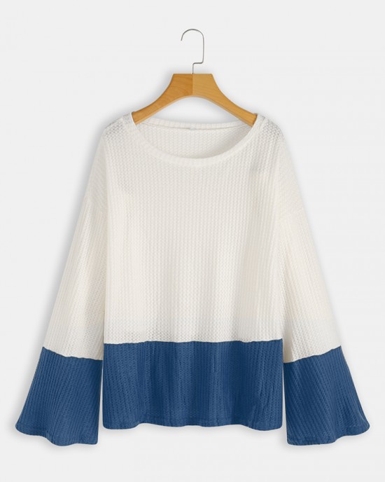 Plus Size Contrast Color One Shoulder Bell Sleeve Knit Sweaters